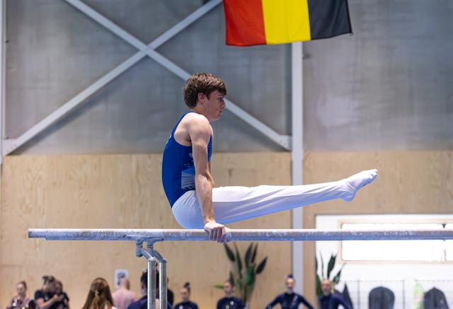Athlete performing horizontal balance on parallel bars with German flag visible in background during training session