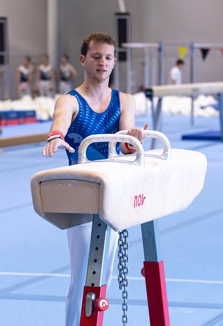 Young male gymnast grips pommel horse handles during training, focused expression, wearing blue leotard in indoor facility