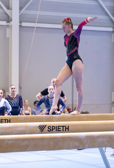 Young gymnast performs on balance beam with extended arm pose, pink and black leotard, spectators watching in background