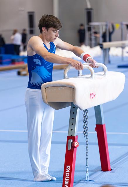 Young male gymnast adjusting hand grips on pommel horse before routine in training facility